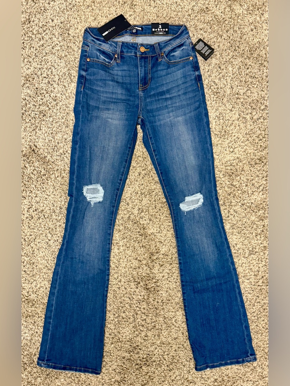 NWT Fashion Nova Dark Blue Mid-Rise Distressed Bootcut Flare Jeans - Size 3/26